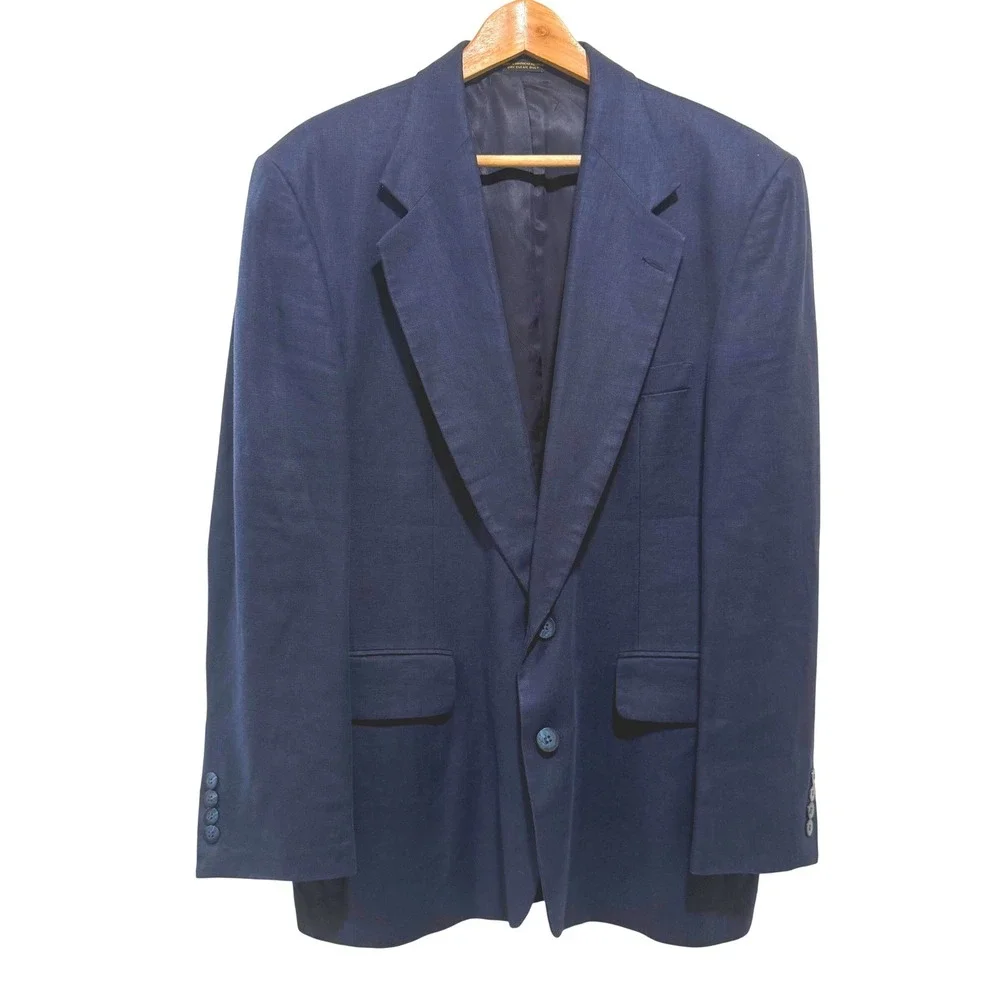 Vintage Robert Stock Navy Linen Blazer Men's 40R 1990s Two Button Sport Coat